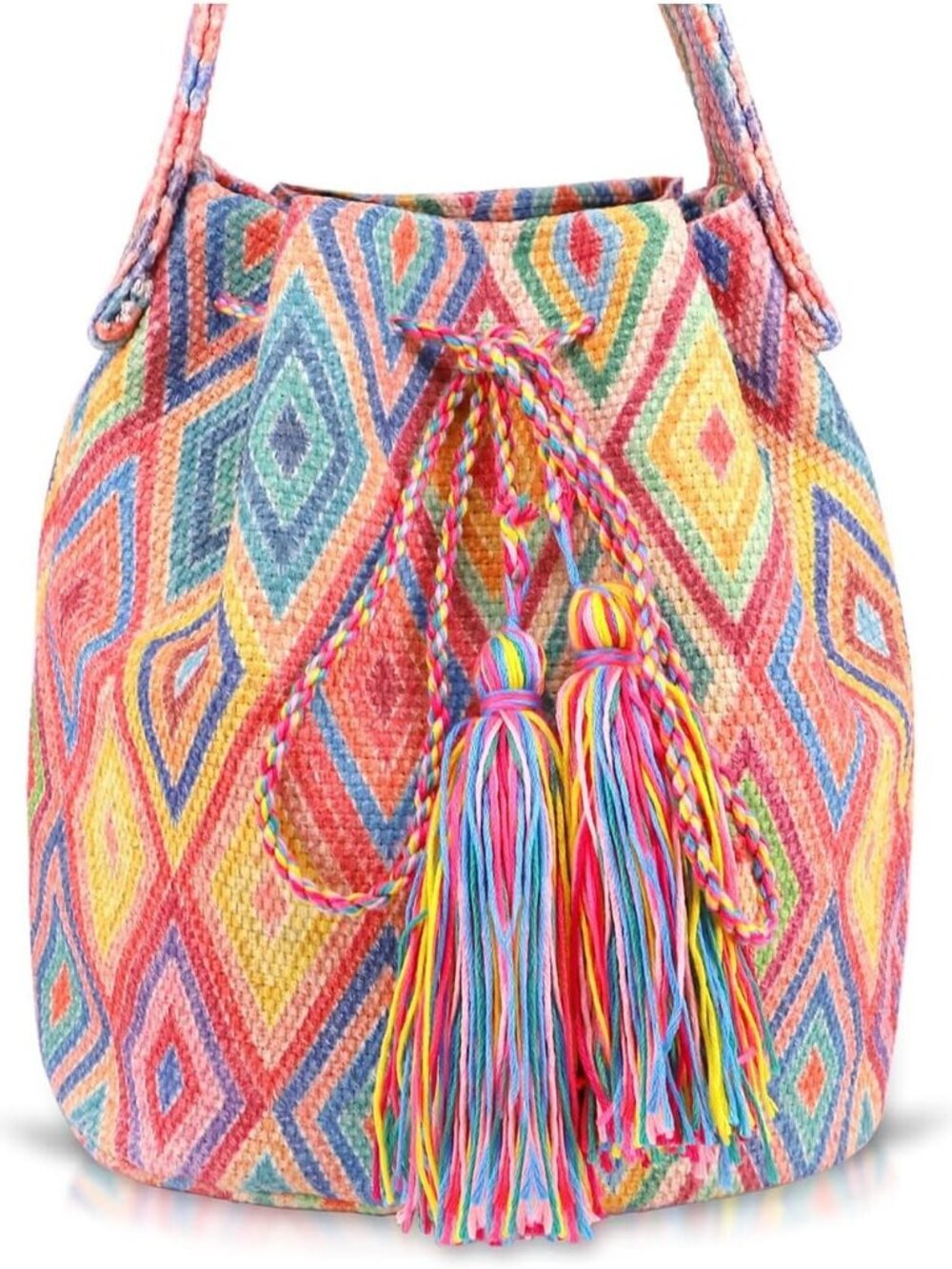 Canvas Crossbody Bags for Women, Tassels Drawstring Bucket Bag, Bohemian Handbag